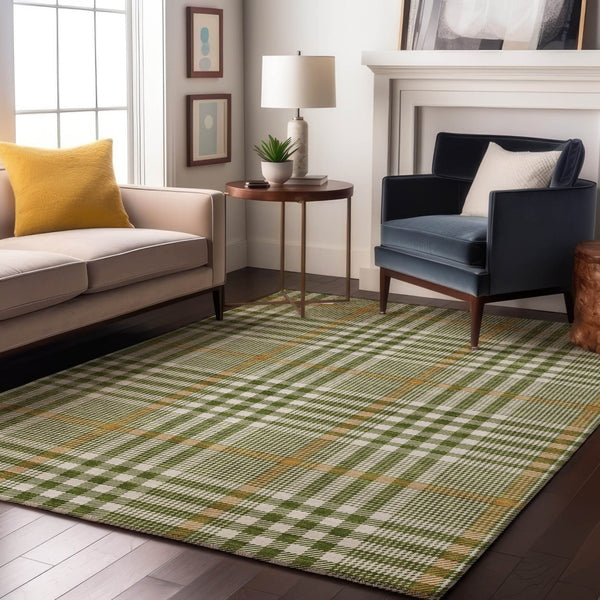 HomeRoots 10' Olive Green, Ivory & Gold Plaid Washable Area Rug - Durable, Stain Resistant & UV Protected! 682649