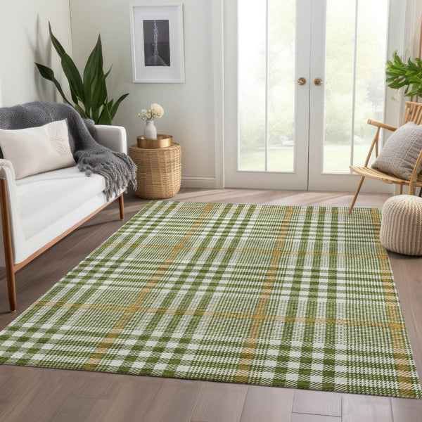 HomeRoots 10' Olive Green, Ivory & Gold Plaid Washable Area Rug - Durable, Stain Resistant & UV Protected! 682649