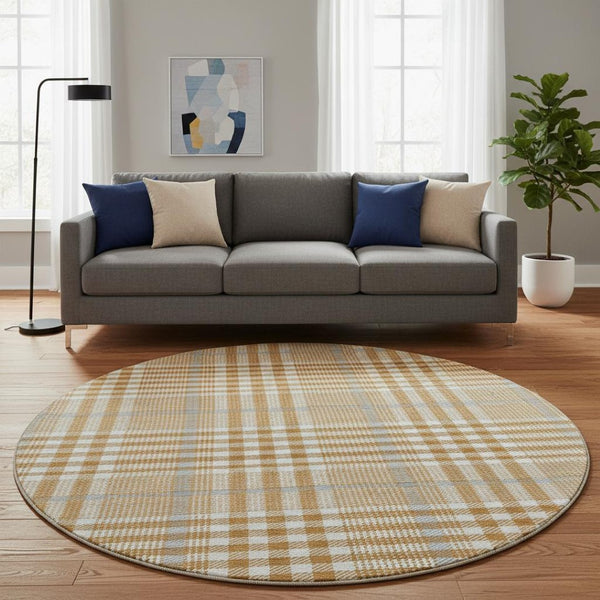 HomeRoots 8' Cozy Rust Ivory Gray Plaid Washable Round Rug with UV Protection for Busy Homes & Kids 682652