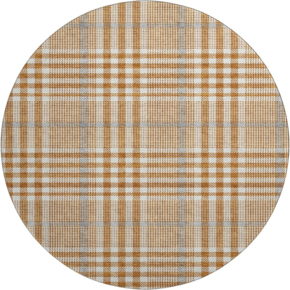 HomeRoots 8' Cozy Rust Ivory Gray Plaid Washable Round Rug with UV Protection for Busy Homes & Kids 682652