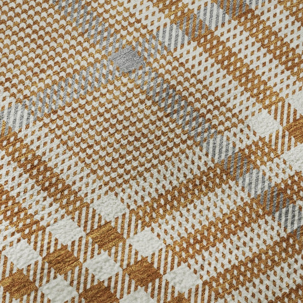 HomeRoots 8' Cozy Rust Ivory Gray Plaid Washable Round Rug with UV Protection for Busy Homes & Kids 682652