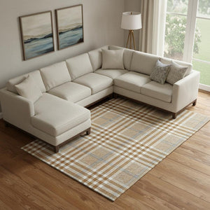 HomeRoots 9' X 12' Washable Plaid Area Rug in Rust, Ivory & Gray - Stain Resistant with UV Protection for Homes 682654