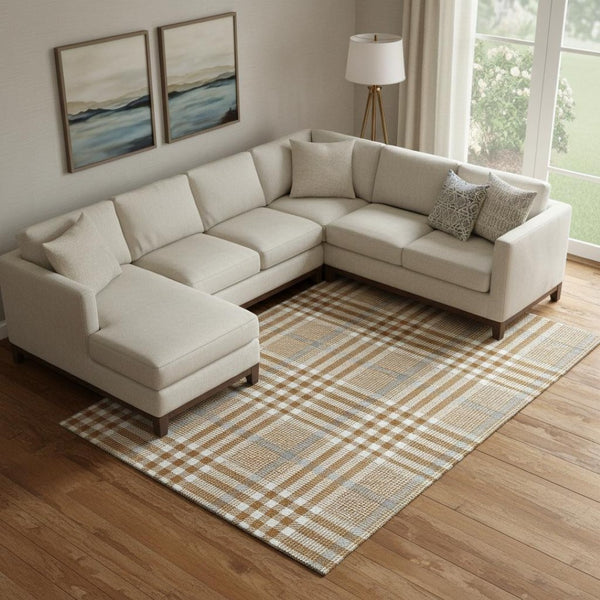 HomeRoots 9' X 12' Washable Plaid Area Rug in Rust, Ivory & Gray - Stain Resistant with UV Protection for Homes 682654