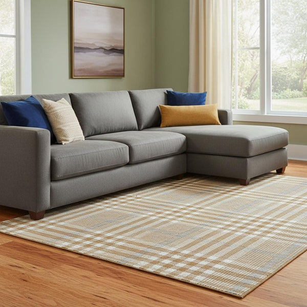 HomeRoots 10' X 14' Washable Rust, Ivory & Gray Plaid Area Rug with UV Protection for Stylish, Family-Friendly Spaces 682655
