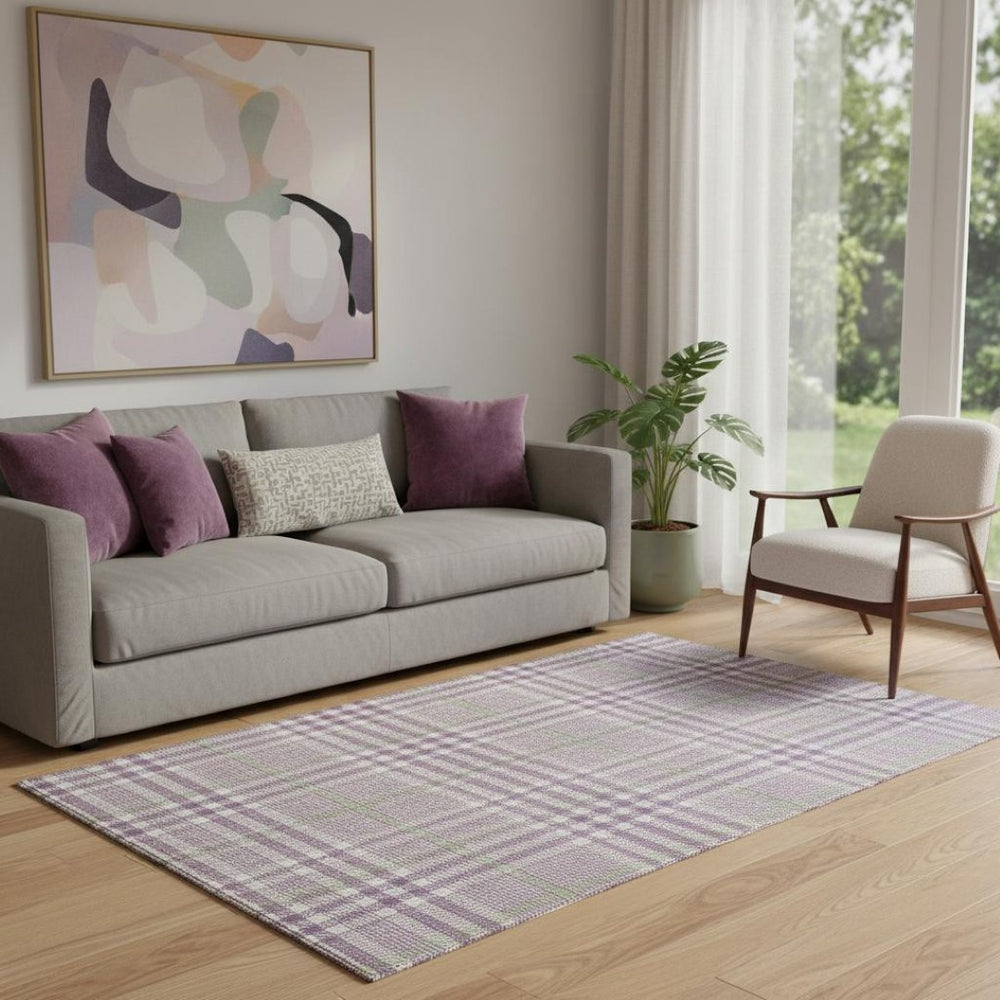 HomeRoots 5' X 8' Washable Plaid Area Rug in Purple, Ivory & Artichoke Green - UV Protected for High Traffic Spaces 682657