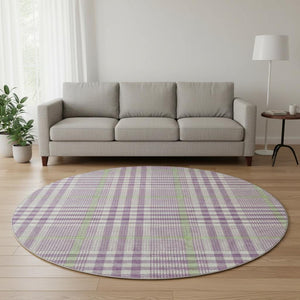 HomeRoots 8' Washable Round Rug in Purple, Ivory & Artichoke Green Plaid - UV Protected & Stain Resistant! 682658