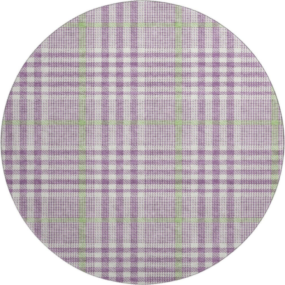 HomeRoots 8' Washable Round Rug in Purple, Ivory & Artichoke Green Plaid - UV Protected & Stain Resistant! 682658