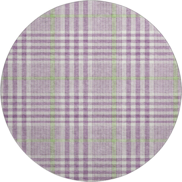 HomeRoots 8' Washable Round Rug in Purple, Ivory & Artichoke Green Plaid - UV Protected & Stain Resistant! 682658