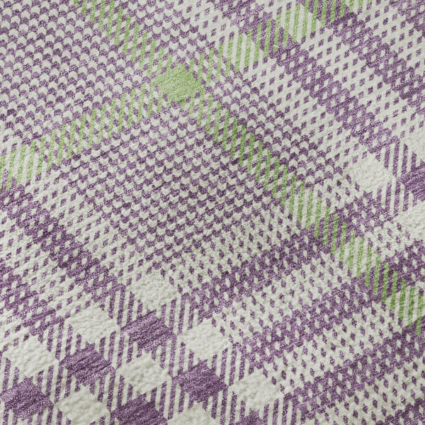 HomeRoots 8' Washable Round Rug in Purple, Ivory & Artichoke Green Plaid - UV Protected & Stain Resistant! 682658