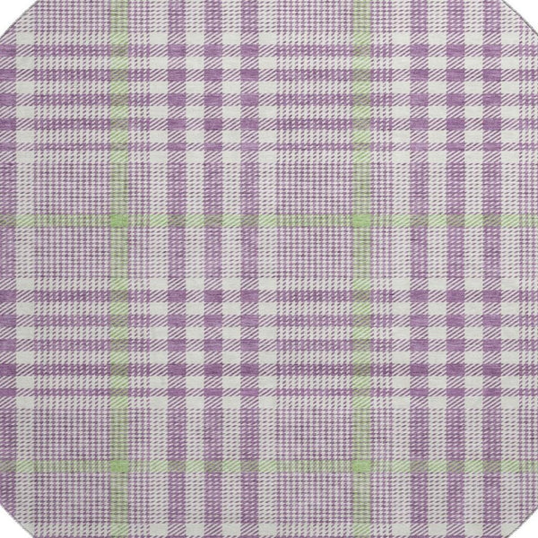 HomeRoots 8' Washable Round Rug in Purple, Ivory & Artichoke Green Plaid - UV Protected & Stain Resistant! 682658