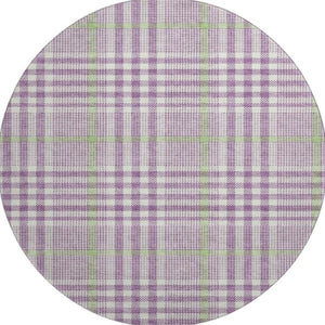 HomeRoots 8' Washable Round Rug in Purple, Ivory & Artichoke Green Plaid - UV Protected & Stain Resistant! 682658