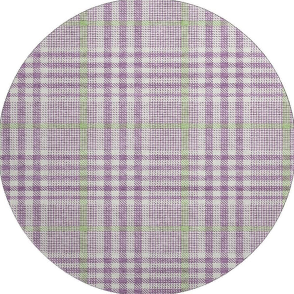 HomeRoots 8' Washable Round Rug in Purple, Ivory & Artichoke Green Plaid - UV Protected & Stain Resistant! 682658