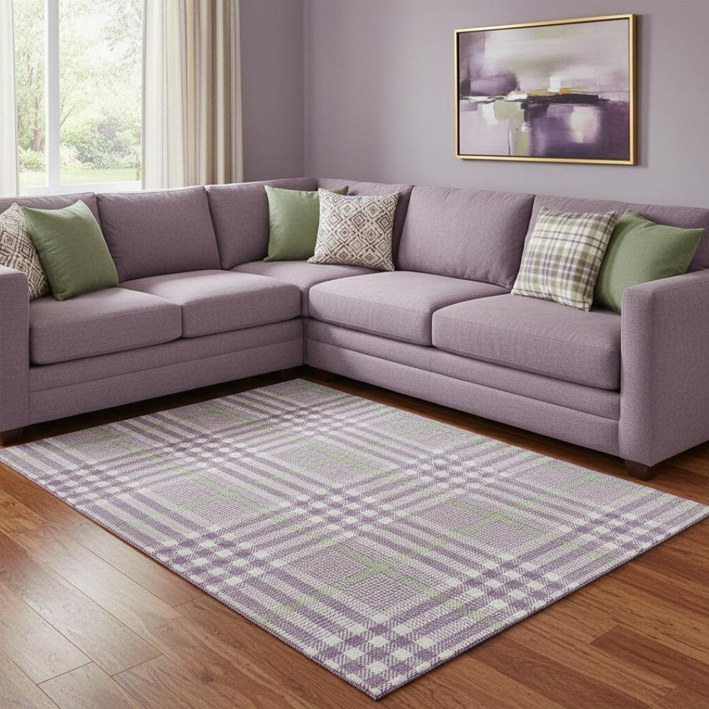 HomeRoots 8' X 10' Washable Area Rug in Purple, Ivory & Artichoke Green Plaid – UV Protected, Durable & Stylish! 682659
