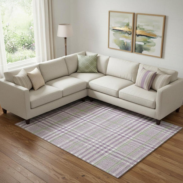 HomeRoots 9' X 12' Washable Plaid Area Rug in Purple, Ivory, & Artichoke Green – UV Protection & Stain Resistant 682660