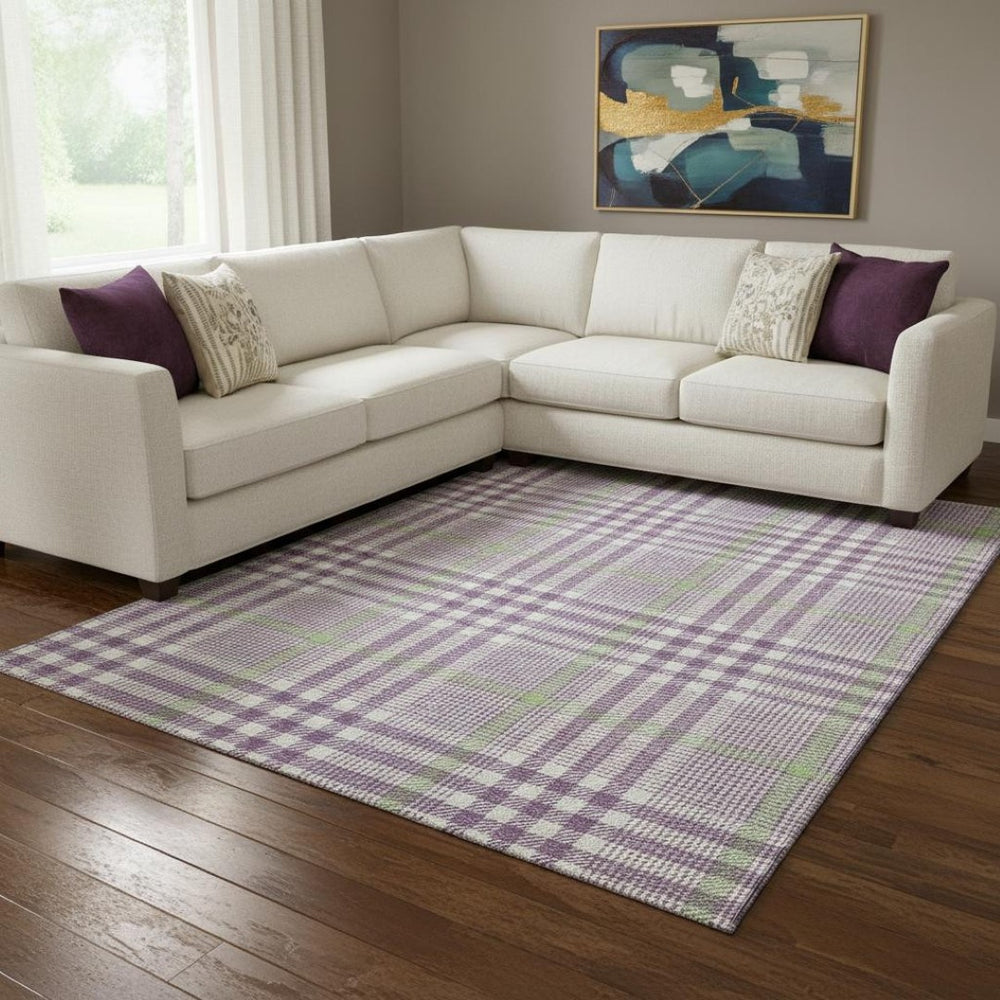 HomeRoots 10' X 14' Purple Ivory Artichoke Green Plaid Washable Area Rug with UV Defense for Family Spaces 682661