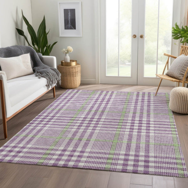 HomeRoots 10' X 14' Purple Ivory Artichoke Green Plaid Washable Area Rug with UV Defense for Family Spaces 682661