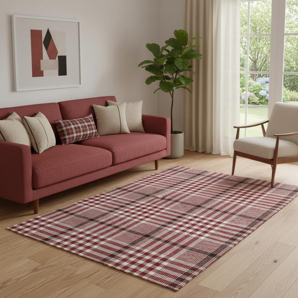 HomeRoots 5' Cozy Red, Ivory & Black Plaid Washable Area Rug – UV Protected, Stain Resistant for Busy Homes 682663