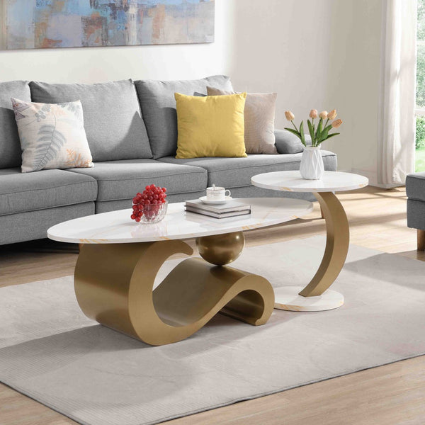 English Elm Modern Nesting Coffee Table Set - Stylish Oval & Round Side Tables With Golden Metal Frame, Chic Design W821S00001-GIGA