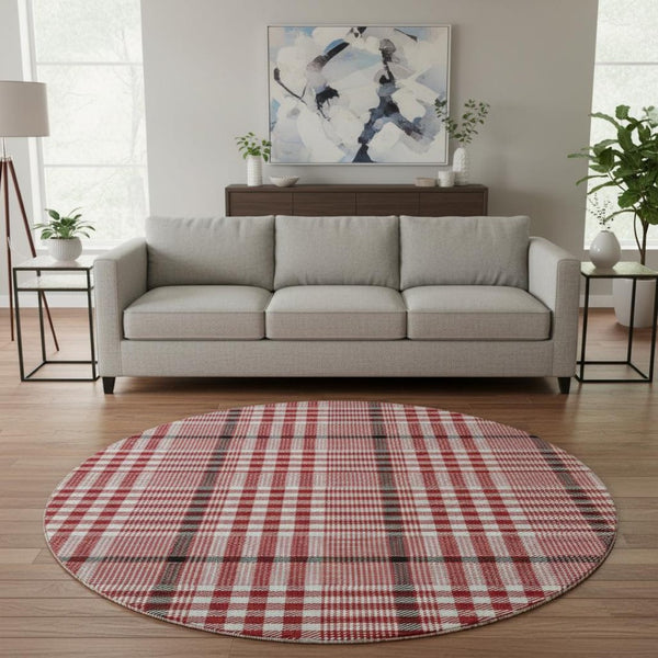 HomeRoots 8' Washable Round Rug in Red, Ivory & Black Plaid - Durable, Stain-Resistant & UV Protected Design! 682664