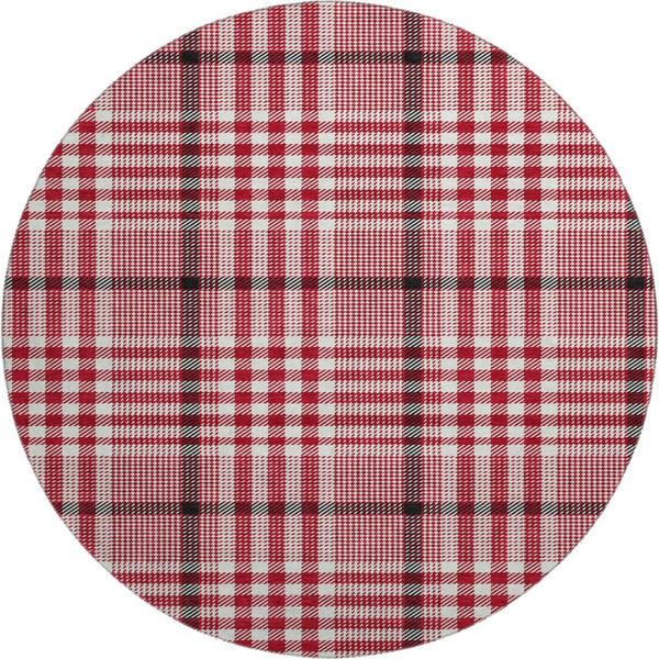 HomeRoots 8' Washable Round Rug in Red, Ivory & Black Plaid - Durable, Stain-Resistant & UV Protected Design! 682664