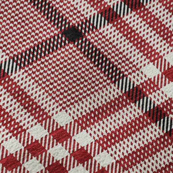 HomeRoots 8' Washable Round Rug in Red, Ivory & Black Plaid - Durable, Stain-Resistant & UV Protected Design! 682664