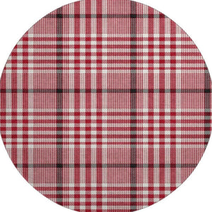 HomeRoots 8' Washable Round Rug in Red, Ivory & Black Plaid - Durable, Stain-Resistant & UV Protected Design! 682664
