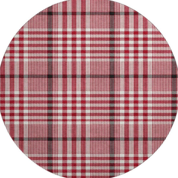 HomeRoots 8' Washable Round Rug in Red, Ivory & Black Plaid - Durable, Stain-Resistant & UV Protected Design! 682664