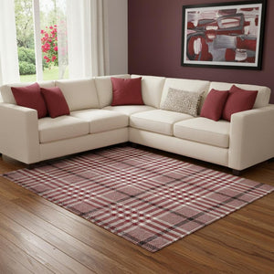 HomeRoots 8' X 10' Red Ivory Black Plaid Washable Area Rug - UV Protected, Durable, Kid & Pet-Friendly Design 682665