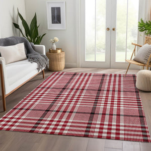 HomeRoots 9' X 12' Red, Ivory, and Black Plaid Washable Area Rug for Pets with UV Protection & Easy Care 682666