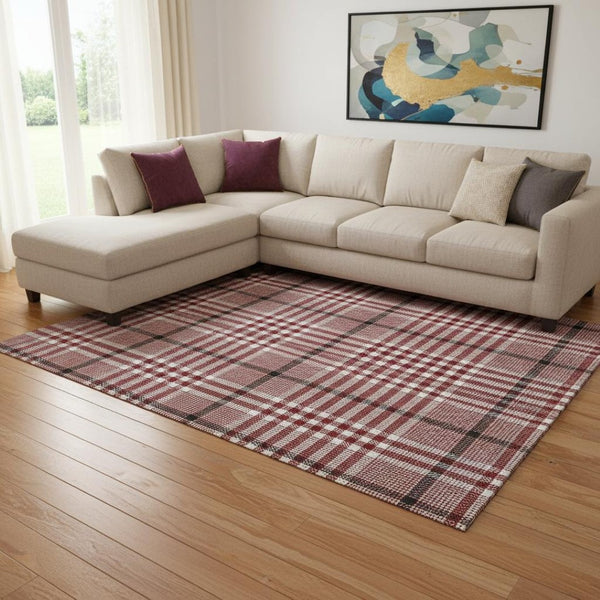 HomeRoots 10' X 14' Red Ivory & Black Plaid Area Rug - Durable, Stain-Resistant with UV Protection for Homes 682667
