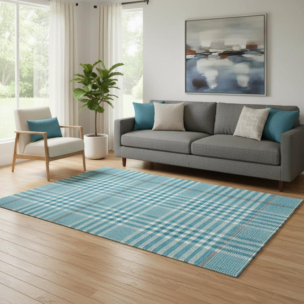 HomeRoots 5' X 8' Teal Ivory Gray Plaid Washable Area Rug - Durable, Stain-Resistant, UV-Protected Design! 682669