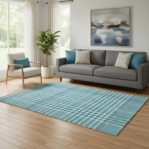HomeRoots 5' X 8' Teal Ivory Gray Plaid Washable Area Rug - Durable, Stain-Resistant, UV-Protected Design! 682669