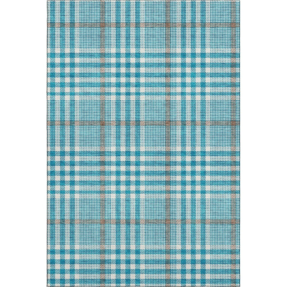 HomeRoots 5' X 8' Teal Ivory Gray Plaid Washable Area Rug - Durable, Stain-Resistant, UV-Protected Design! 682669