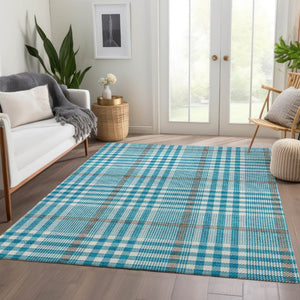 HomeRoots 5' X 8' Teal Ivory Gray Plaid Washable Area Rug - Durable, Stain-Resistant, UV-Protected Design! 682669