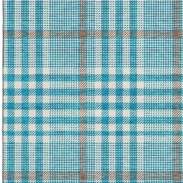 HomeRoots 5' X 8' Teal Ivory Gray Plaid Washable Area Rug - Durable, Stain-Resistant, UV-Protected Design! 682669