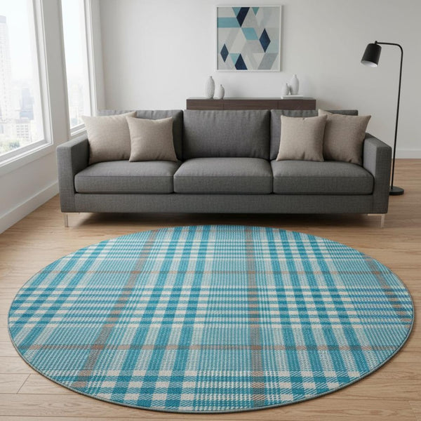 HomeRoots 8' Teal Ivory And Gray Plaid Washable Round Area Rug – Durable, Stylish, and Easy to Maintain for Homes 682670