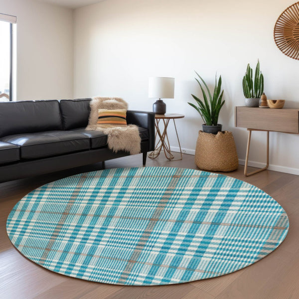 HomeRoots 8' Teal Ivory And Gray Plaid Washable Round Area Rug – Durable, Stylish, and Easy to Maintain for Homes 682670