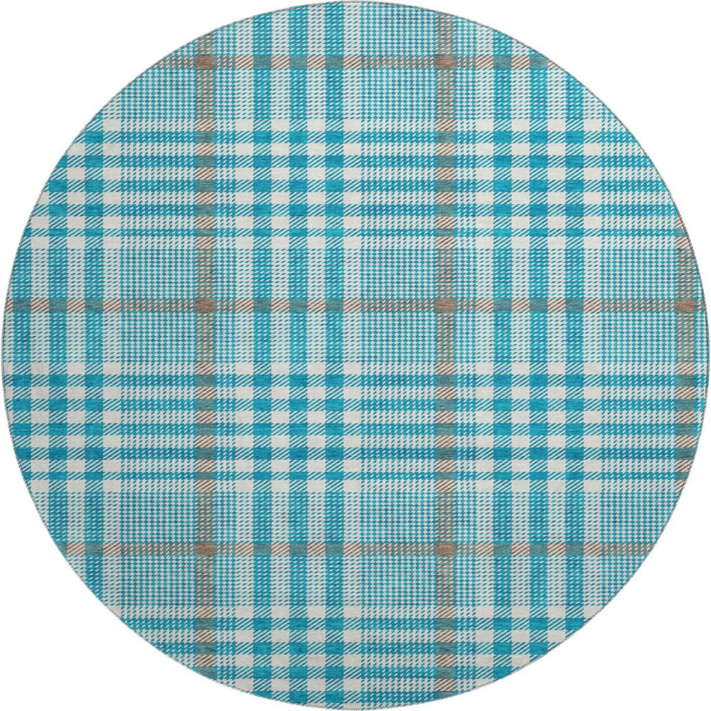 HomeRoots 8' Teal Ivory And Gray Plaid Washable Round Area Rug – Durable, Stylish, and Easy to Maintain for Homes 682670