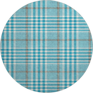 HomeRoots 8' Teal Ivory And Gray Plaid Washable Round Area Rug – Durable, Stylish, and Easy to Maintain for Homes 682670