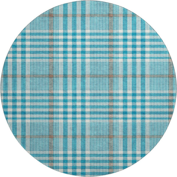 HomeRoots 8' Teal Ivory And Gray Plaid Washable Round Area Rug – Durable, Stylish, and Easy to Maintain for Homes 682670