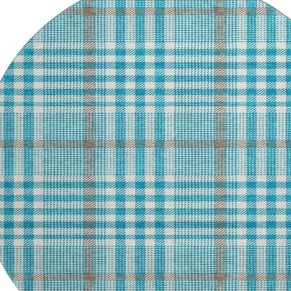 HomeRoots 8' Teal Ivory And Gray Plaid Washable Round Area Rug – Durable, Stylish, and Easy to Maintain for Homes 682670