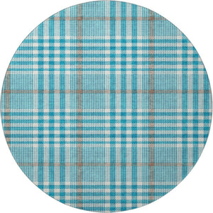 HomeRoots 8' Teal Ivory And Gray Plaid Washable Round Area Rug – Durable, Stylish, and Easy to Maintain for Homes 682670