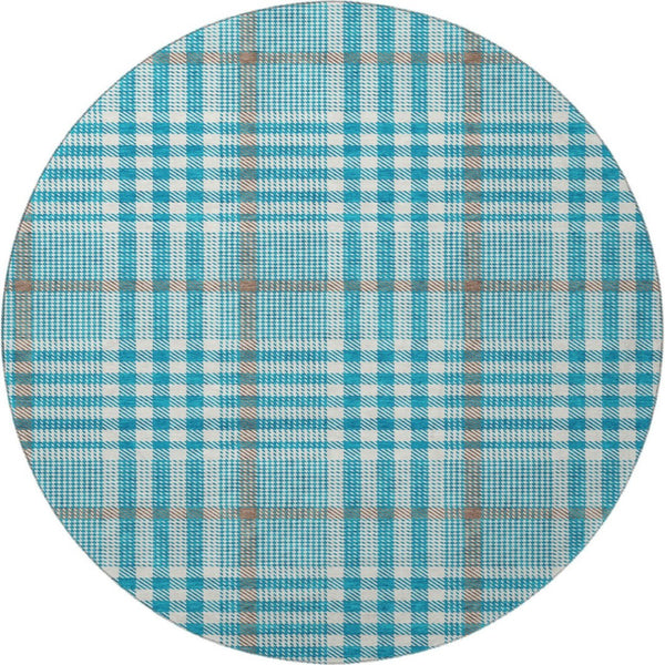 HomeRoots 8' Teal Ivory And Gray Plaid Washable Round Area Rug – Durable, Stylish, and Easy to Maintain for Homes 682670
