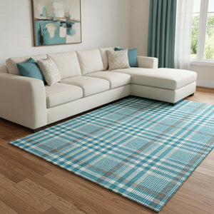 HomeRoots 8' X 10' Teal, Ivory & Gray Plaid Washable Area Rug with UV Protection for High-Traffic Spaces 682671
