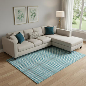 HomeRoots 9' X 12' Stylish Teal Ivory Gray Plaid Washable Area Rug with UV Defense for Family-Friendly Spaces 682672