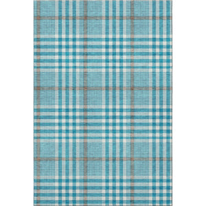 HomeRoots 9' X 12' Stylish Teal Ivory Gray Plaid Washable Area Rug with UV Defense for Family-Friendly Spaces 682672