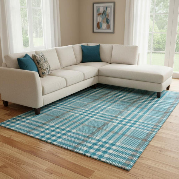 HomeRoots 10' X 14' Teal Ivory Gray Plaid Washable Area Rug - Durable, Stylish, UV-Protected for All Spaces! 682673
