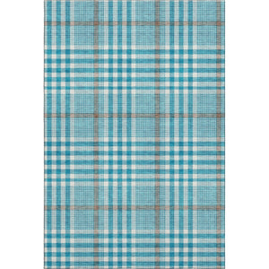 HomeRoots 10' X 14' Teal Ivory Gray Plaid Washable Area Rug - Durable, Stylish, UV-Protected for All Spaces! 682673