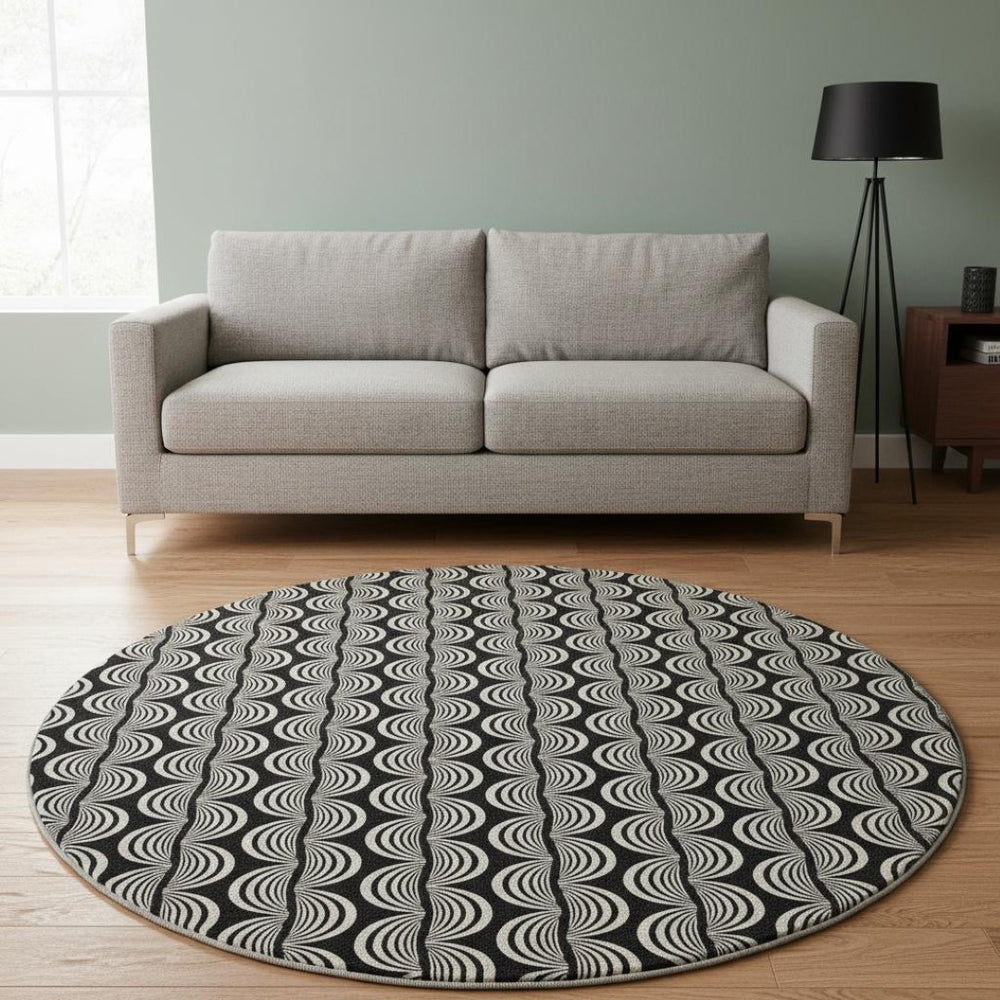 HomeRoots 8' Black and Ivory Ogee Washable Round Rug - Stylish, Durable, UV-Protected for Modern Living Spaces 682682