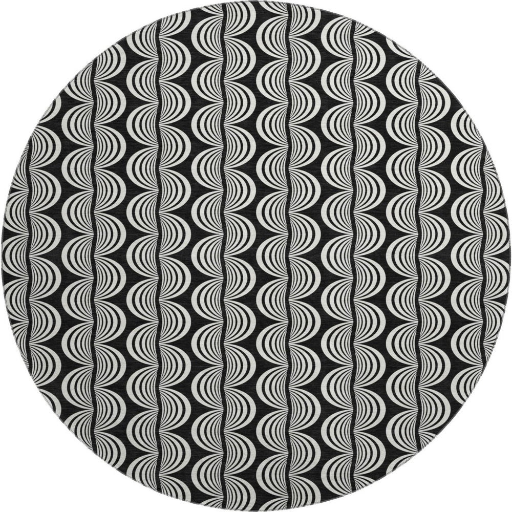 HomeRoots 8' Black and Ivory Ogee Washable Round Rug - Stylish, Durable, UV-Protected for Modern Living Spaces 682682